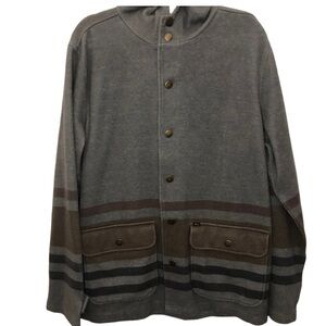 Obey Stripe Snap Button Hooded Jacket XL Flap Pockets Long Sleeve Gray